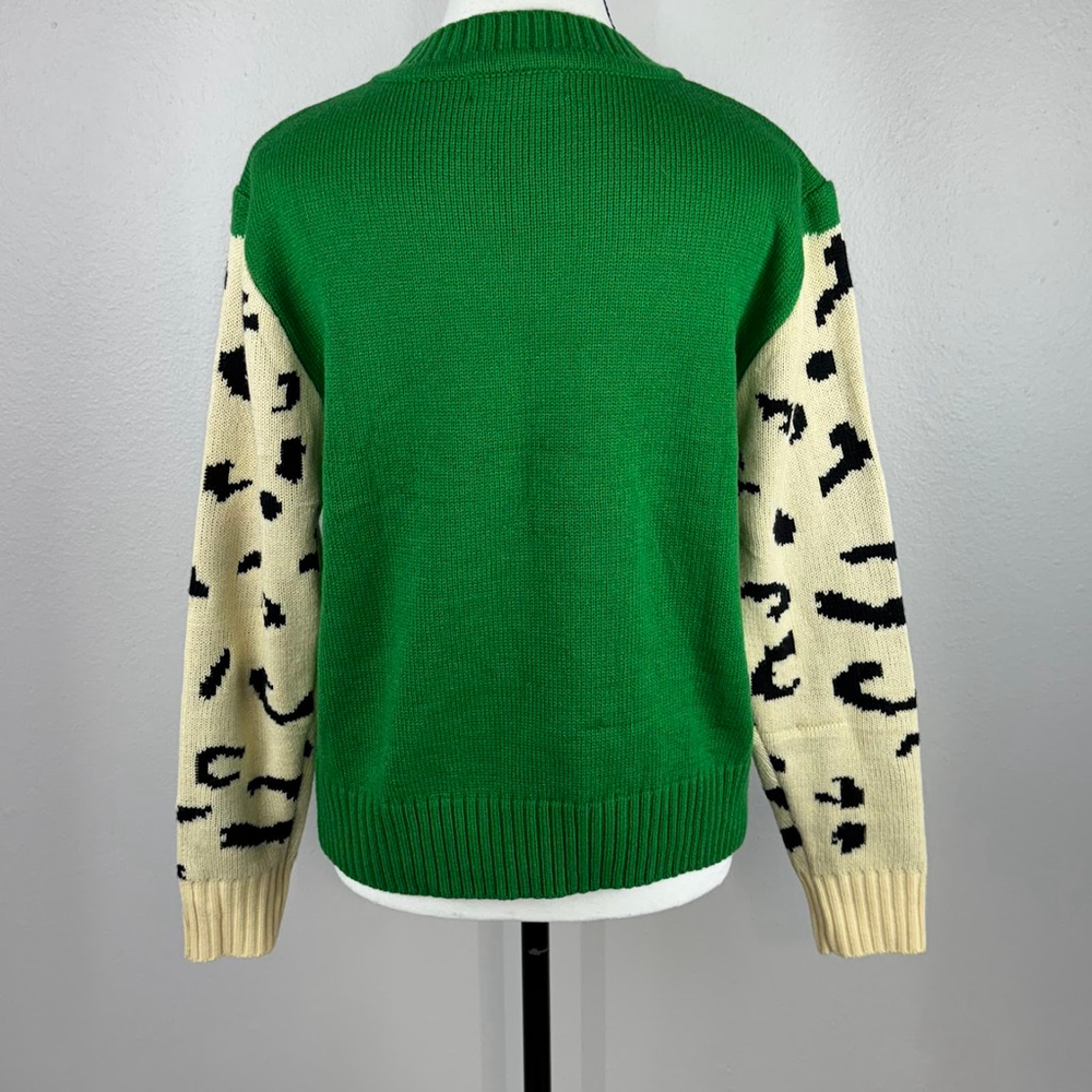 Angashion Womens Medium Green Animal Leopard Print Crew Neck Pullover Sweater - Picture 5 of 14